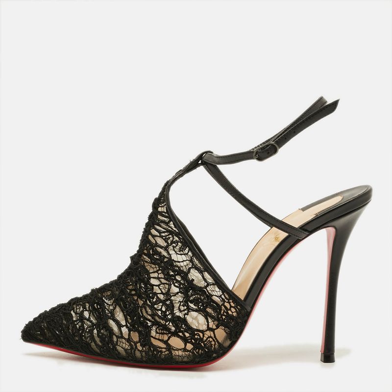 Christian Louboutin Size 38.5 Black Acide Lace And Leather Flocked Tulle
